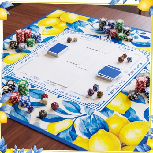Blue and Yellow Summer Mahjong Mat with Rules 31.5" x 31.5" Non-Slip Noise Reduction Gaming Mat with Carrying Bag American Mahjong Table Cover for Poker Board Card Games Dominoes - style: Blue Willow Lemon