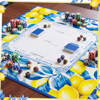 Blue and Yellow Summer Mahjong Mat with Rules 31.5" x 31.5" Non-Slip Noise Reduction Gaming Mat with Carrying Bag American Mahjong Table Cover for Poker Board Card Games Dominoes - style: Blue Willow Lemon