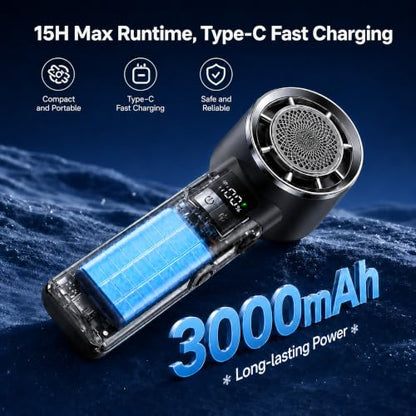 Portable Handheld Turbo Fan - Bluetooth Music Fan with LED Display 100-Speed 3000mAh Rechargeable RGB Lighting - Foldable Design 4in1 personal fan for Festivals Concerts Sports Travel & Gifts - color: Black