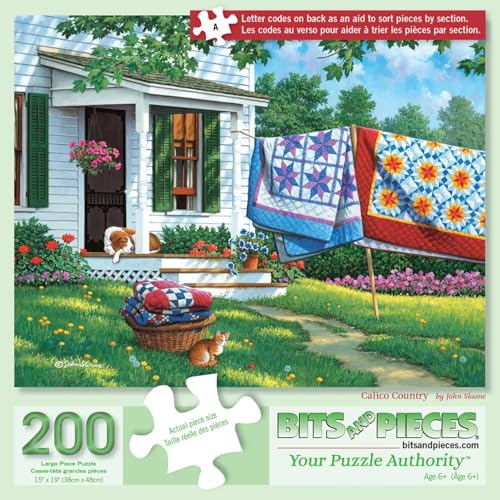 Bits and Pieces 200 Piece Puzzles for Adults - Calico Country - 200 Extra Large Pieces 15" x 19" Jigsaw Puzzles, Quilts Farm Spring, No 2 Pieces Alike - size: 200 Piece Puzzle