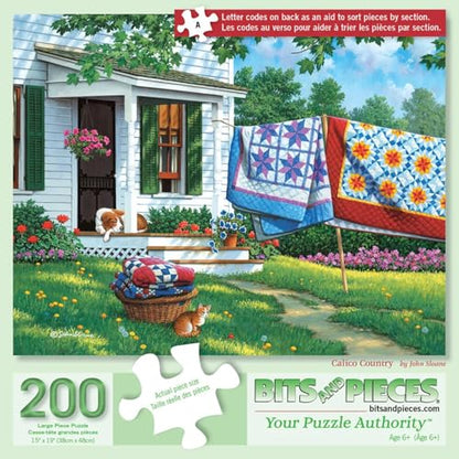 Bits and Pieces 200 Piece Puzzles for Adults - Calico Country - 200 Extra Large Pieces 15" x 19" Jigsaw Puzzles, Quilts Farm Spring, No 2 Pieces Alike - size: 200 Piece Puzzle