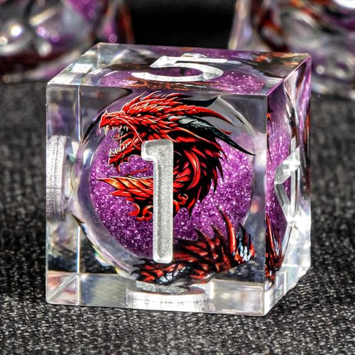 KERWELLSI Liquid Core Dragons Pattern Dice, Resin DND Dice Set with Gift Box, Purple Sharp Edged Dungeons D&D Dice, Role Playing Game Dice D20 D12 D10 D8 D6 D4 - color: Purple
