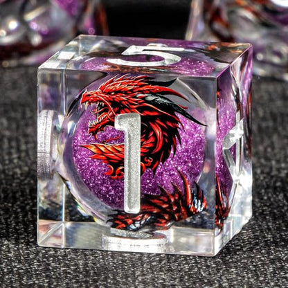 KERWELLSI Liquid Core Dragons Pattern Dice, Resin DND Dice Set with Gift Box, Purple Sharp Edged Dungeons D&D Dice, Role Playing Game Dice D20 D12 D10 D8 D6 D4 - color: Purple