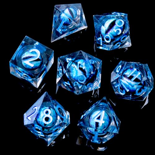 Beholder'S Eye DND Dice- Dragon Eye Liquid Core Sharp Edge Handmade Dice Set for Dungeons and Dragons Ttrpg, Multi-Sided RPG Polyhedral Resin Roleplaying （Blue Dark Dragon Eyes） - color: Dragon Eye-blue Dark