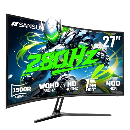 SANSUI 27 Inch 280Hz Curved Gaming Monitor,WQHD 280Hz / HD 400Hz Dual Mode,1500R Curved Computer Monitor, HDR400 135% sRGB 5000:1 Contrast Ratio, PIP/PBP,OD 1ms AI Crosshair,HDMI2.1 * 2, DP1.4,VESA - size: 27