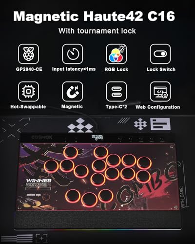 Haute42 Leverless Controller Arcade Stick: Magnetic Leverless Arcade Stick with RGB Rims,Premium Black Haute42 C16 Arcade Controller for PC/PS3/PS4/Switch Game with Lock Button Support Hot Swap & SOCD