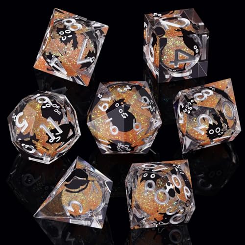 Liquid Core DND Dice Set, 7 Pcs Resin Sharp Edge Polyhedral Dice Quicksand Cat D&D Dice for Dungeons and Dragons RPG Role Playing Table Games - color: Orange