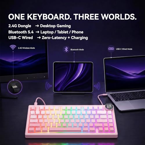 AK820 V2 75% Compact Mechanical Keyboard, 81 Keys, Tri-Mode (2.4G/Bluetooth/Wired), 10000mAh Battery, 0.9” TFT Smart Display Knob, Gasket Mount, Hot-Swappable, RGB Backlit, White Pink Ombre - color: White Pink Ombre