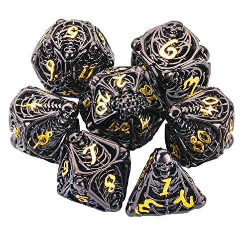 Metal DND Dice Set Skull Dungeons and Dragon Dice Set Hollow Polyhedral Magic 7 PCS Dice Set with Gift Metal Box for Dungeons and Dragons Table Games Play Cards MTG(Skull_Black Plus Gold) - color: Skull_red and White