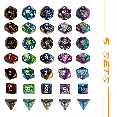 5 Sets DND Dice Polyhedral Dice Set (35pcs) with 1 Large Leather Bag, D&D Die Set for RPG Table Games (5Sets/35Pcs Double-Color) - color: 5sets/35pcs Double-color