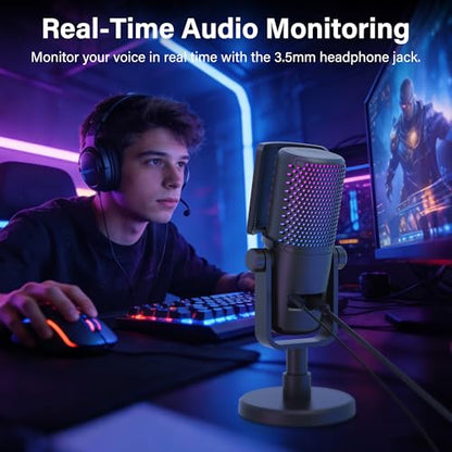 Gaming USB Microphone for PC with Pop Filter Volume Control Headphone Jack RGB Light Mute Button Plug and Play for PS4 PS5 Mac Streaming Podcast