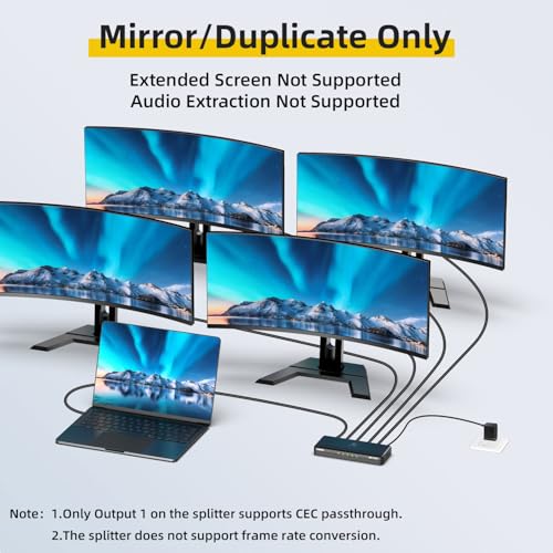 8K HDMI Splitter 1 in 4 Out (Mirror Only) – HDMI 2.1 | 8K@60Hz, 4K@240Hz DSC, 4K@120Hz, Auto Downscaling, 48Gbps, HDCP 2.3, Duplicate Screens for Multiple Monitors, TV, PS5, Xbox