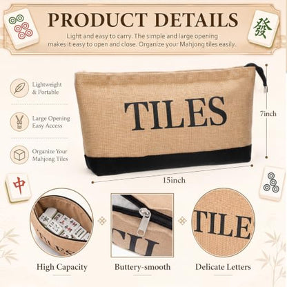 Aliceset 2 Pcs Empty Mahjong Bag for Tiles and Racks Mats Canvas Mahjong Themed Tote Bag and Zippered Pouch Mah Jong Gift Accessories Travel Mahj Storage Case Game Women Night Party Supplies