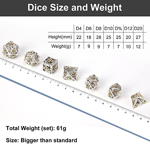 DND Dice,Hollow D&D Metal Dice,Dungeons and Dragons Dice Set with Gift Box,7 PCs Steampunk Polyhedral Dice Games Set for RPG,MTG,Pathfinder,(Dragon Silver Golden) - color: Dragon Silver Golden