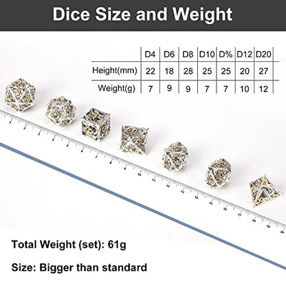 DND Dice,Hollow D&D Metal Dice,Dungeons and Dragons Dice Set with Gift Box,7 PCs Steampunk Polyhedral Dice Games Set for RPG,MTG,Pathfinder,(Dragon Silver Golden) - color: Dragon Silver Golden
