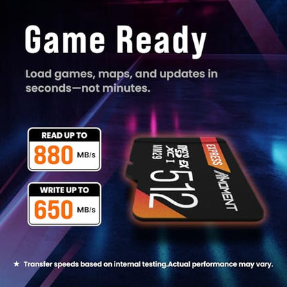 MMOMENT 512GB Micro SD Express Card for Nintendo Switch 2, PCIe Gen3x1, MM29 Model, Up to 880MB/s Read and 650MB/s Write Speed, Black/Orange, Water Resistant Gaming Memory Card - size: 512GB