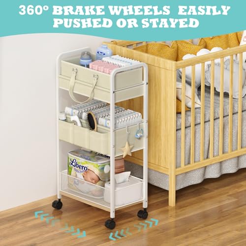 2In1 Baby Diaper Caddy & 3-Tier Rolling Cart, Diaper Caddy Organizer Carts with Dividers, Mobile Metal Utility Cart for Nursery Essentials, Detachable Bedside Cart, Large Capacity, White - color: Off White