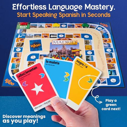 Spanish Board Game – Race to Madrid | Easy to Learn Words, Grammar, Verbs | Fun for Adults, Kids, Beginners, Classroom | 4 Decks Dynamic Flash Cards