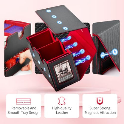 UAONO 3-in-1 MTG Commander Deck Box, Black Red | 2 Magnetic Card Holders & 1 Dice Tray, Fits 200 Double Sleeved, Card Organizer Compatible with Magic the Gathering - color: Black&Red