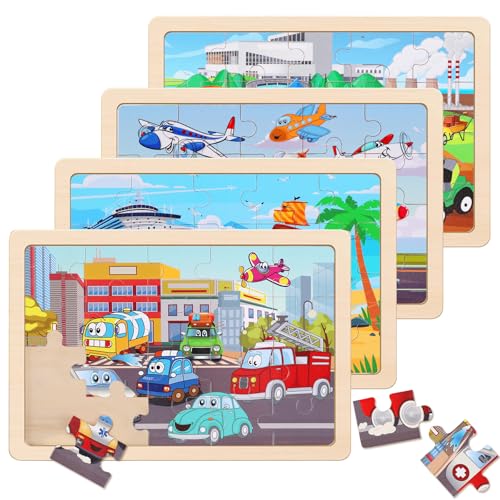 Wooden Educational Jigsaw Puzzles for Preschool Kids Ages 3-5, 4-Pack with 20 Pieces Transportation Wood Puzzles Set, Toddler Brain Teaser Toys, Preschool Gifts for Boys Girls Ages 3 4 5 6 - color: Transportation