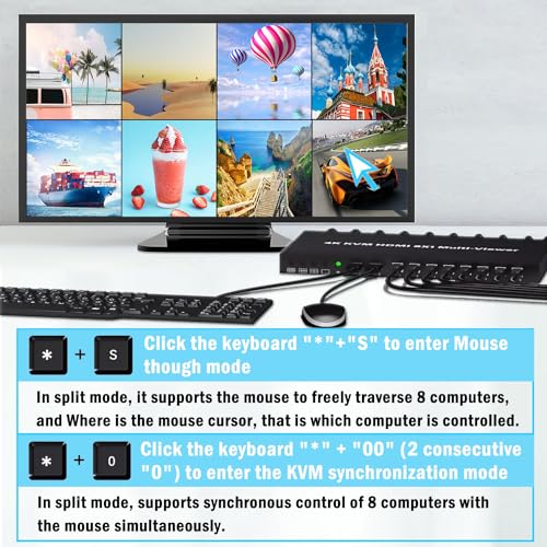 HDMI MultiViewer 8x1 with KVM Function, 4K@30Hz HDMI Quad MultiViewer Share 8 Computers simultaneously, Allowing Them to Share a Set of Keyboard and Mouse simultaneously, with IR Remote Control - size: 8x1 HDMI Multiviewer Switch with KVM