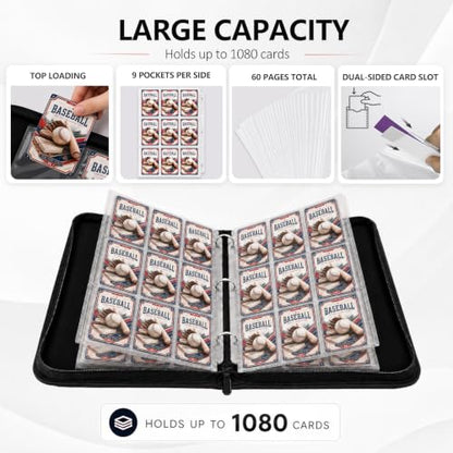 Baseball Card Binder, 9 Pocket Trading Card Zip Binder Holds 1080 Cards | Logo-free design,top-loading pages,removable double-sided pockets,waterproof cover,soft lnner lining. - color: Baseball, size: 9 Pocket 1080