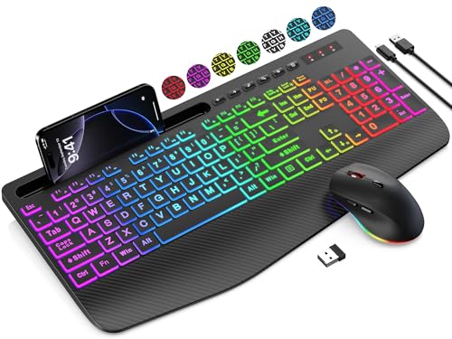 Wireless Keyboard and Mouse Combo, 9 Backlit Effects, Large Print | Phone Holder, 2.4G Lag-Free Ergonomic Keyboards, KM22 MAX Rechargeable Easy to See Set for Computer, Laptop, PC - color: Textured Black