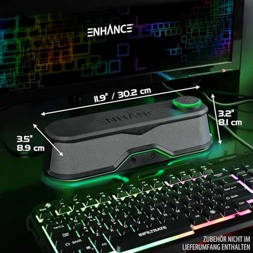 ENHANCE SB1 High Excursion Computer Soundbar - USB Powered Computer Speaker, Under Monitor Speaker with 10W Peak, LED Volume Control Knob, Headset Pass Through, Gaming Soundbar for PC - color: Green