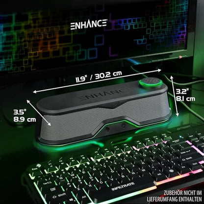 ENHANCE SB1 High Excursion Computer Soundbar - USB Powered Computer Speaker, Under Monitor Speaker with 10W Peak, LED Volume Control Knob, Headset Pass Through, Gaming Soundbar for PC - color: Green