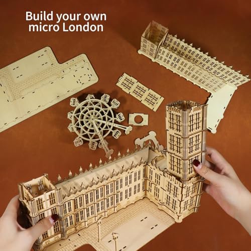 Music Park 3D Wooden Puzzle, Big Ben with LED | Big Ben clock with LED night light and London Eye Ferris wheel. DIY model building kit. Home decor gift. - color: Big Ben
