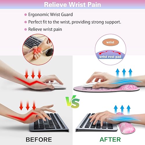 Mouse Pad with Wrist Rest Set Pink, 3-in-1 Wrist Support Mousepad Set,Gaming Mat Pad with Anti-Skid Base,Ergonomic Mouse Pad,Memory Foam Keyboard Gel Wrist Rest - color: Pink Particle