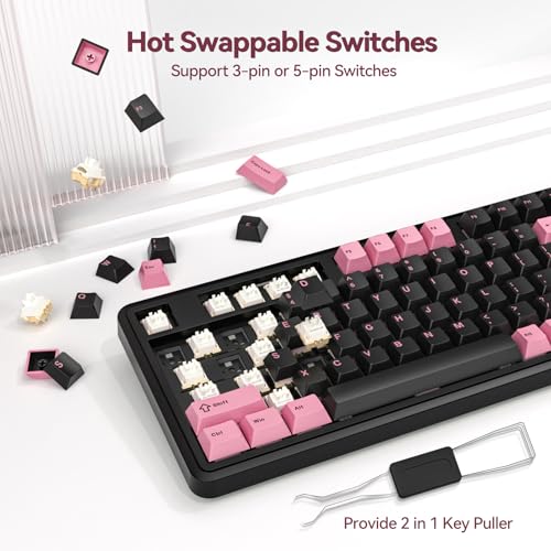 AUSDOM 98Pro Wireless Mechanical Keyboard, Tri-Mode BT/2.4GHz/USB-C Hot Swappable Custom Gaming Keyboard with Backlit, Gasket Structure, Linear Switches for Windows/Mac/PC (Clicky Sound) - color: Pink