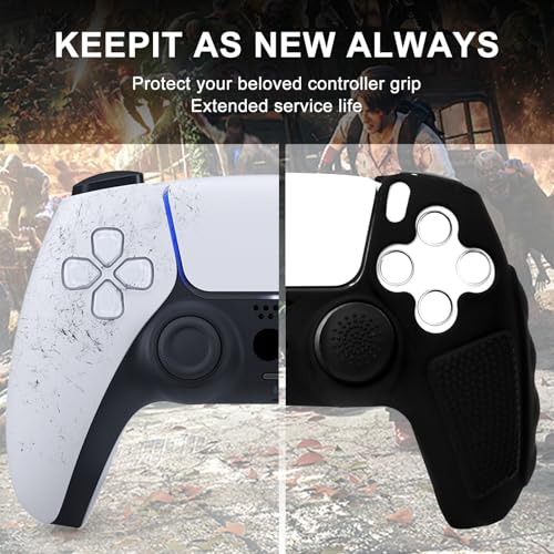 Anti-Slip Black PS5 Controller Skin,Soft Thicken Studded Protective Silicone Cover Skin Grips Compatible with PS5/Slim/Pro Controller and 8 PCS Thumb Grips Caps. - color: Black