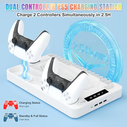 PS5 Cooling Station for PS5/Slim/Pro Disc & Digital Console – Includes USB Port Extender & Ps5 Accessories – Ps5 Stand with Cooling Fan 3 Level Adjustable, Dual Controller Chargers and RGB Lights
