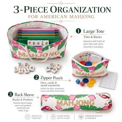 3 Pcs Empty American Mahjong Bags for Tiles and Racks and Mat, Pink Tropical Mahjong Carrying Tote with Zipper Tile Pouch and Rack Sleeve, Thickened Canvas Storage Bag, Case Only - color: Pink Tropical