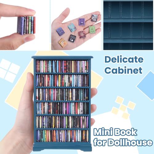 Mini Bookshelf with 180pcs Mini Books Miniature Blue Bookshelf Ornament | Tiny Small Bookshelf Dollhouse Decor Shake Away Your Anxiety for Book Lovers Gift Home Room Office - style: Mini Books with Blue Bookshelf
