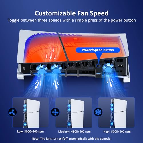 NexiGo PS5 Slim Horizontal Stand with Silent Enhanced Cooling Fan, Adjustable Speed, [Low Noise], [Auto Power On/Off], USB 3.0 Port, Built-in LED Light, for Both Disc and Digital Editions - color: White, style: Stand with Cooling Fans