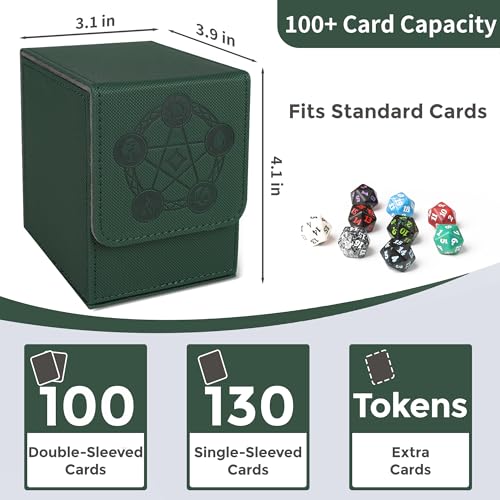 Card Deck Box with 2 Dividers, MTG Commander Deck Box Holds 100+ Double-Sleeved Cards, Leather Magnetic Deck Case Compatible with Magic TCG CCG Cards, Green - color: 2. Green, size: 100 Double-sleeved Cards Vertical