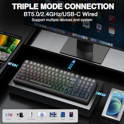 AULA F99 Wireless Mechanical Keyboard,Gasket Structure Hot Swappable Custom Keyboard,RGB Backlit,Creamy Sound,Side Printed PBT Keycaps,2.4GHz/USB-C/BT5.0 Computer Gaming Keyboards - color: Black