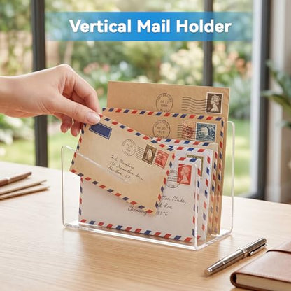 Maitys 3 Pcs Acrylic Mail Letter Organizer Countertop 6 x 2.5 x 4 Inches Clear Mail Postcard Holder Stand Greeting Card Display Rack Document Envelope Home Office School