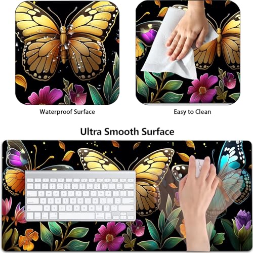 Large Gaming Mouse Pad+ Keyboard Wrist Rest Set, Ergonomics Memory Foam Mouse Mat Wrist Rest Support, Waterproof Extended Mousepad 31.5x11.8in, Colorful Butterflies and Flowers Desk Pad - color: Yvb-mousepad-9-f-170