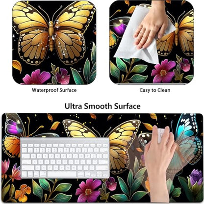Large Gaming Mouse Pad+ Keyboard Wrist Rest Set, Ergonomics Memory Foam Mouse Mat Wrist Rest Support, Waterproof Extended Mousepad 31.5x11.8in, Colorful Butterflies and Flowers Desk Pad - color: Yvb-mousepad-9-f-170