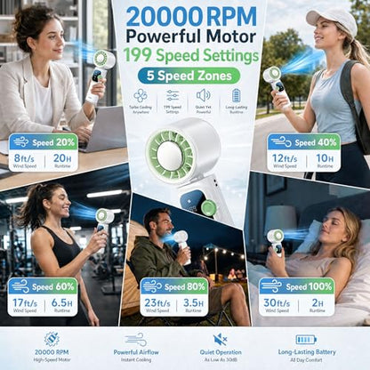 Portable Handheld Fan with Ice Cooling Personal Rechargeable Mini Neck Fan | 20000RPM,199-Speed 4000mAh Battery Powered up to 15hrs with LED Display for Travel, Camping & Outdoor, White - color: White-Green