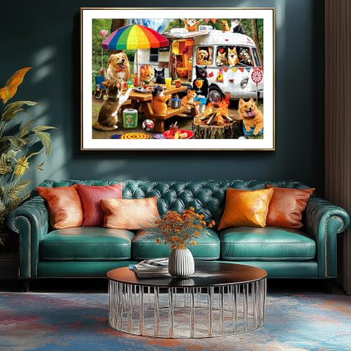 500 Piece Jigsaw Puzzles for Adults Funny Cats and Dogs Camping Adventure Adult Puzzles with Letters on Back Animal RV Campfire Scene Family Relax Puzzle for Seniors 23x15 Inch - color: Cats and Dogs