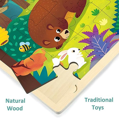 24 Piece Puzzles for Kids Ages 3-5, Unique Shape Jigsaw Pieces Forest Animals, Wooden Jigsaw Puzzle for 3 4 5 Year Old, Preschool Toddler Puzzle with Storage Tray - style: 24 Piece