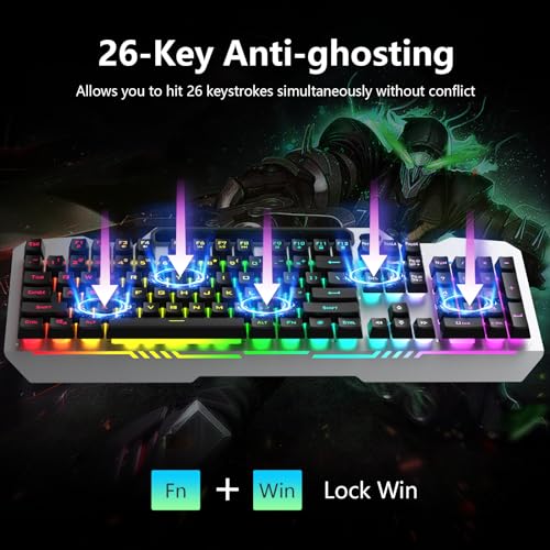 AULA Gaming Keyboard and Mouse,Wired 104-Key Mouse and Keyboard Combo Metal | Full Size Computer Keyboards with Number Pad,New Update Version,RGB Backlit Anti-Ghosting PC Keyboard for Laptop WinXP/7/8/10 - color: Black Keycaps + Silver Panel