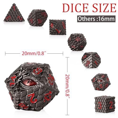Dragon Eye Metal Dice Set - 7 Pcs Dragon Scale Metallic Dice, Gift Box for Dungeons & Dragons Tabletop Game (Black Dragon Scale & Red Eye) - color: Black Dragon Scale & Red Eye