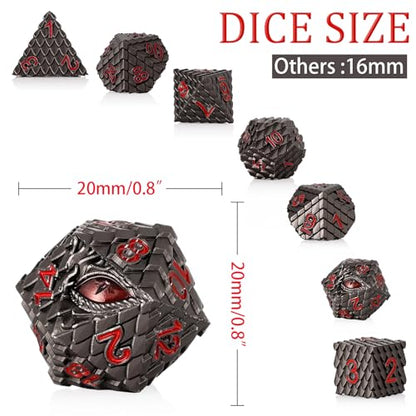 Dragon Eye Metal Dice Set - 7 Pcs Dragon Scale Metallic Dice, Gift Box for Dungeons & Dragons Tabletop Game (Black Dragon Scale & Red Eye) - color: Black Dragon Scale & Red Eye