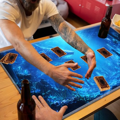MTG Playmat with Storage Bag, 24 x 14 Inch Stitched Non Slip Rubber Trading Card Game Mat, 2mm Thick Tabletop Mat for Card Games, Blue Ocean Ruins