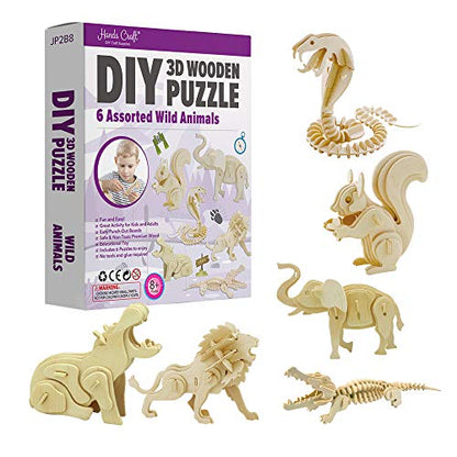 Hands Craft DIY 3D Wooden Puzzle – 6 Assorted Wild Animals Bundle Pack Set Brain Teaser Puzzles Educational STEM Toy Adults and Kids to Build Safe and Non-Toxic Easy Punch Out Premium Wood JP2B8 - color: Wild Animals